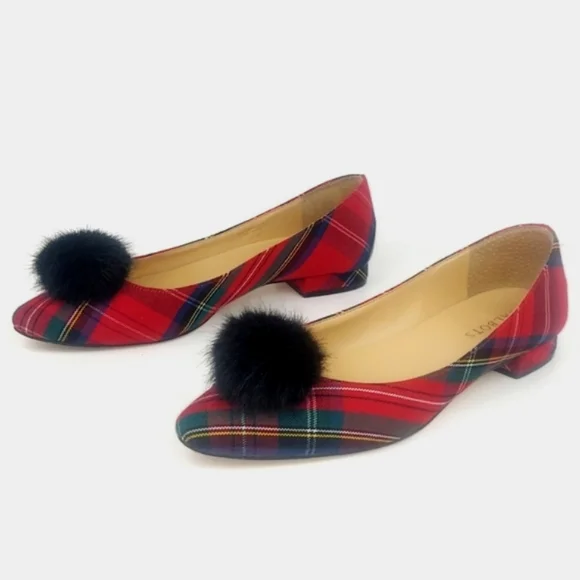 Talbots Edison Tartan Plaid Faux Fur Pom Pom Flats 8.5 - Picture 2 of 15